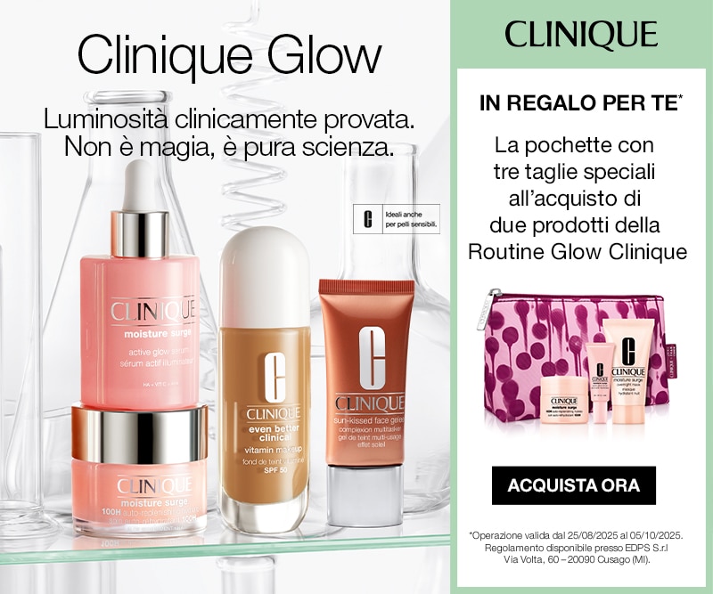 Prodotti skincare Clinique Glow con offerta pochette in omaggio